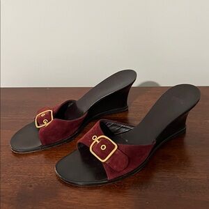 Coach Burgundy Suede Wedge Sandals with Gold Buckle